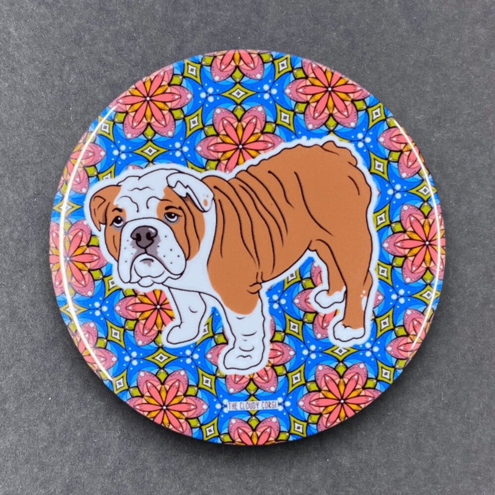 Retro English Bulldog Dog Pin, Magnet, Keychain, Bottle Opener or Mini Ornament